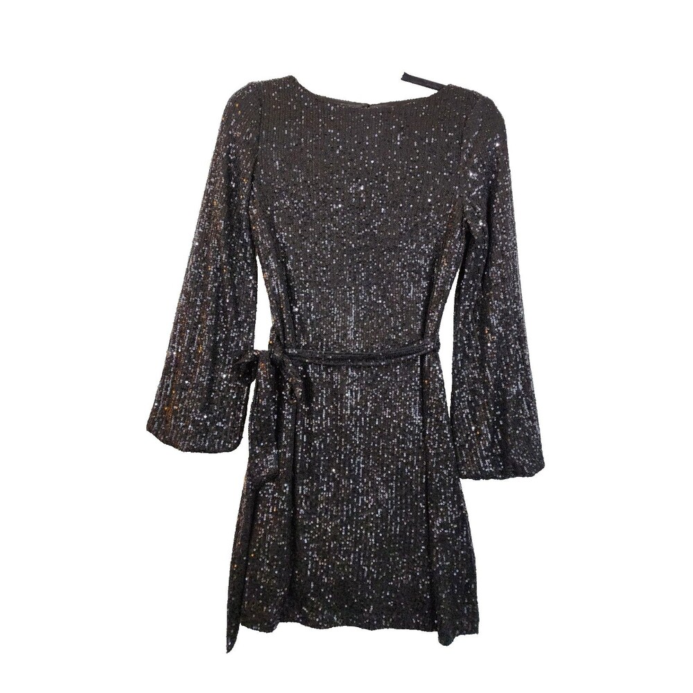 Forcast Boutique Women 8 Black Sequin Long Sleeve Keyhole Back Belted Midi Dress
